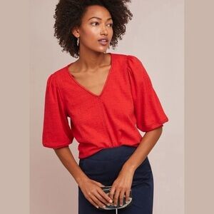 Anthropologie Current Air Delilah Red V-Neck Blouse puff sleeve cotton blend szM